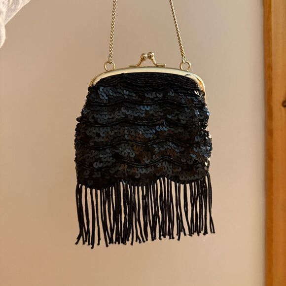 Vintage Banana Republic Elegant Black Sequin Fringe small Evening Bag